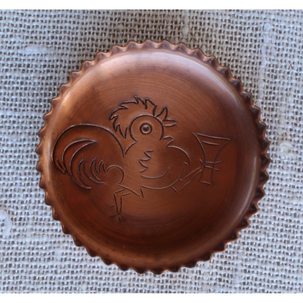 Vintage Copper Rooster Pin Dish Small Trinket Tray Coaster Crimped Edge